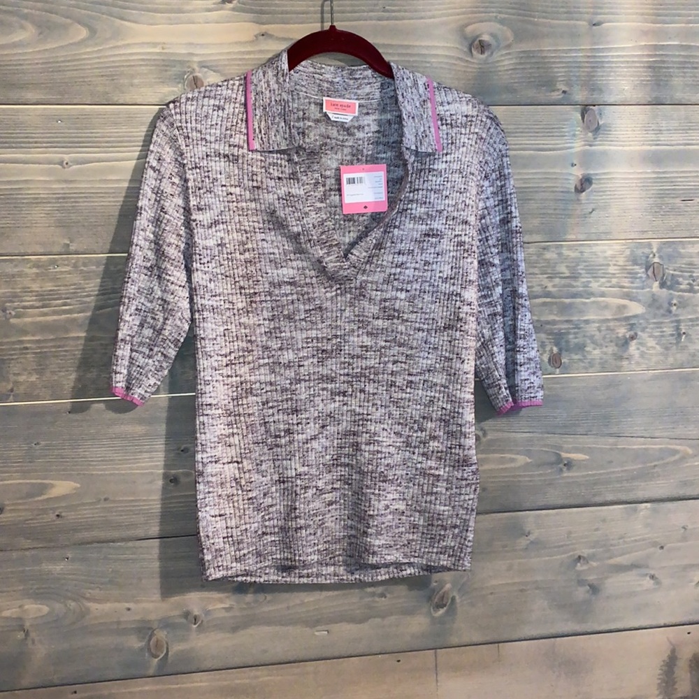 kate spade Gray Heathered Knit Polo Top with Pink Trim